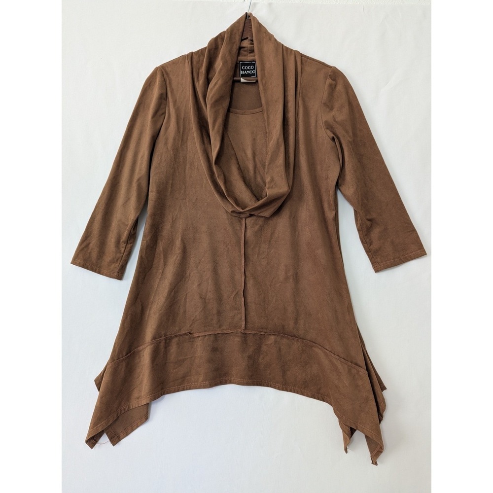 Coco Bianco Brown Forest Fairy Faux Suede Cowl Neck Asymmetrical Tunic Top Small